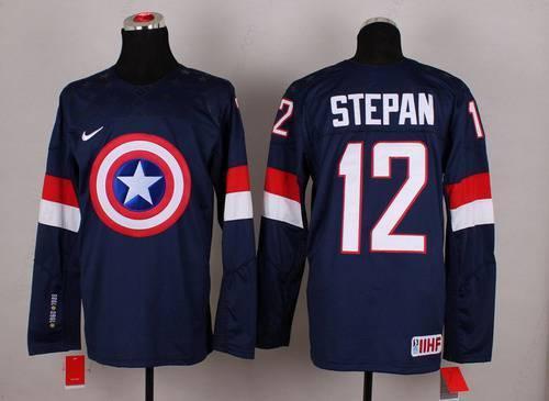 2015 Men’s Team Usa #12 Derek Stepan Captain America Fashion Navy Blue Jersey