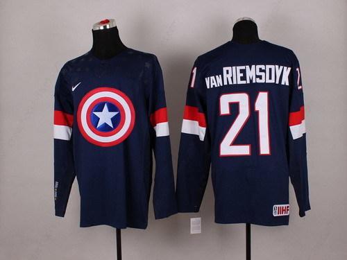 2015 Men’s Team Usa #21 James Van Riemsdyk Captain America Fashion Navy Blue Jersey