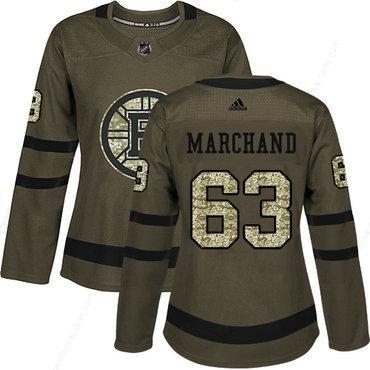 Adidas Boston Bruins #63 Brad Marchand Green Salute To Service Women’s Stitched NHL Jersey