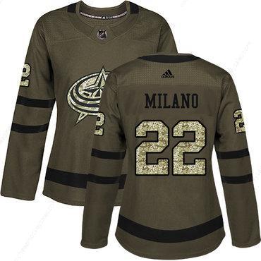 Adidas Columbus Blue Jackets #22 Sonny Milano Green Salute To Service Women’s Stitched NHL Jersey