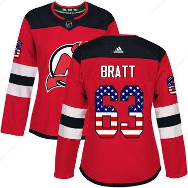 Adidas New Jersey Devils #63 Jesper Bratt Red Home Authentic Usa Flag Women’s Stitched NHL Jersey