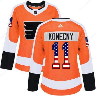 Adidas Philadelphia Flyers #11 Travis Konecny Orange Home Authentic Usa Flag Women’s Stitched NHL Jersey