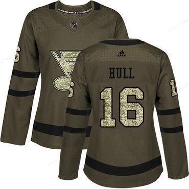 Adidas St.Louis Blues #16 Brett Hull Green Salute To Service Women’s Stitched NHL Jersey