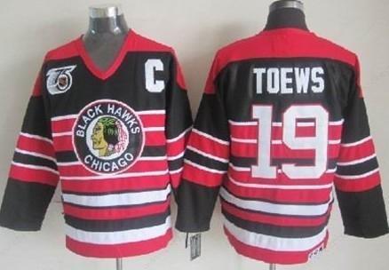 Chicago Blackhawks #19 Jonathan Toews Black Pinstripe 75Th Throwback CCM Jersey