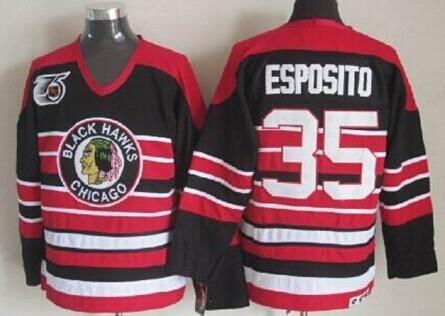 Chicago Blackhawks #35 Tony Esposito Black Pinstripe 75Th Throwback CCM Jersey