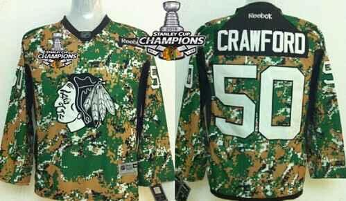 Chicago Blackhawks #50 Corey Crawford 2014 Camo Kids Jersey W#2#2015 Stanley Cup Champion Patch