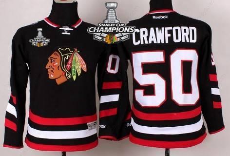 Chicago Blackhawks #50 Corey Crawford 2014 Stadium Series Black Kids Jersey W#2#2015 Stanley Cup Champion Patch