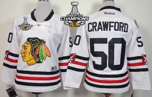 Chicago Blackhawks #50 Corey Crawford 2015 Winter Classic White Kids Jersey W#2#2015 Stanley Cup Champion Patch