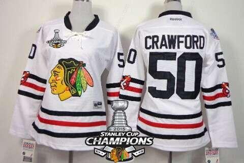 Chicago Blackhawks #50 Corey Crawford 2015 Winter Classic White Women’s Jersey W#2#2015 Stanley Cup Champion Patch