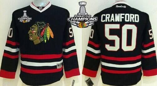 Chicago Blackhawks #50 Corey Crawford Black Kids Jersey W#2#2015 Stanley Cup Champion Patch