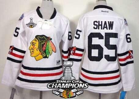 Chicago Blackhawks #65 Andrew Shaw 2015 Winter Classic White Women’s Jersey W#2#2015 Stanley Cup Champion Patch