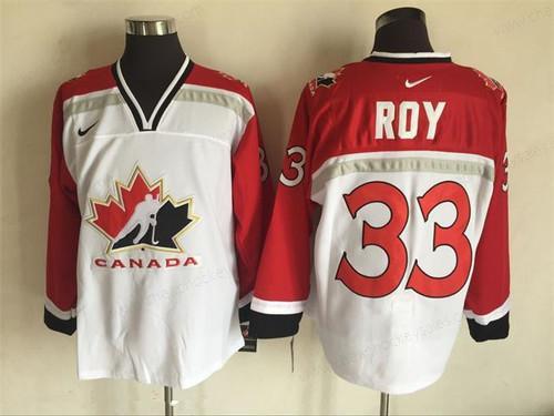 Men’s 1998 Team Canada #33 Patrick Roy White Nike Olympic Throwback Stitched Hockey Jersey