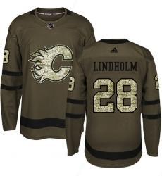 Men’s Adidas Calgary Flames #28 Elias Lindholm Green Salute To Service Stitched NHL Jersey