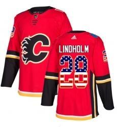 Men’s Adidas Calgary Flames #28 Elias Lindholm Red Home Authentic Usa Flag Stitched NHL Jersey