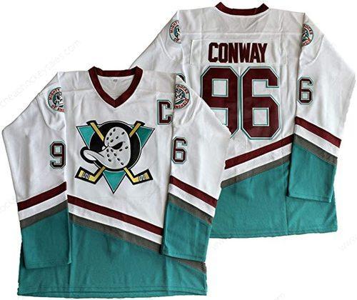 Men’s Anaheim Ducks #96 Charlie Conway Mighty Ducks Movie 1995-96 White Green Ice Hockey Jerseys