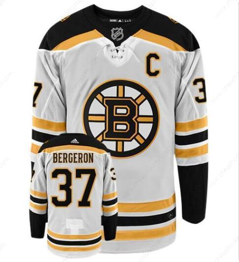 Men’s Boston Bruins #37 Patrice Bergeron With C Patch Adidas Authentic Away White NHL Hockey Jersey