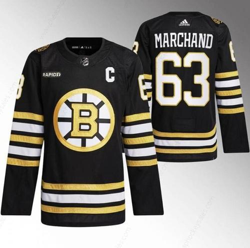 Men’s Boston Bruins #63 Brad Marchand Black With Rapid7 Patch 100Th Anniversary Stitched Jersey