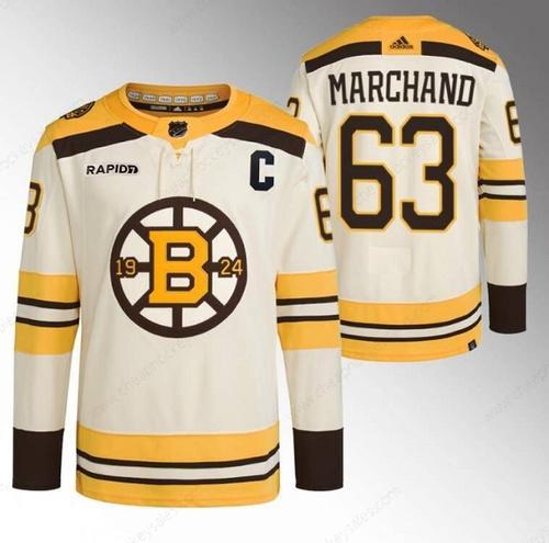 Men’s Boston Bruins #63 Brad Marchand Cream With Rapid7 Patch 100Th Anniversary Stitched Jersey