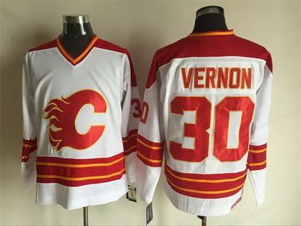 Men’s Calgary Flames #30 Mike Vernon 1980-81 White CCM Vintage Throwback Jersey