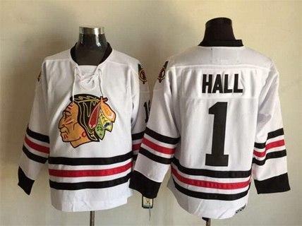 Men’s Chicago Blackhawks #1 Glenn Hall White CCM Vintage Throwback Jersey