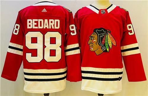 Men’s Chicago Blackhawks #98 Connor Bedard Red Black Stitched Jersey