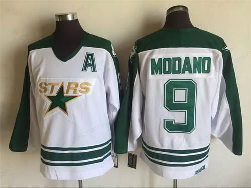 Men’s Dallas Stars #9 Mike Modano 1993 White CCM Throwback Stitched Vintage Hockey Jersey