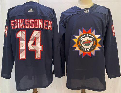 Men’s Minnesota Wild #14 Joel Eriksson Ek 2022 Navy Native American Heritage Day Stitched Jersey