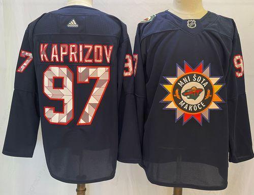 Men’s Minnesota Wild #97 Kirill Kaprizov 2022 Navy Native American Heritage Day Stitched Jersey