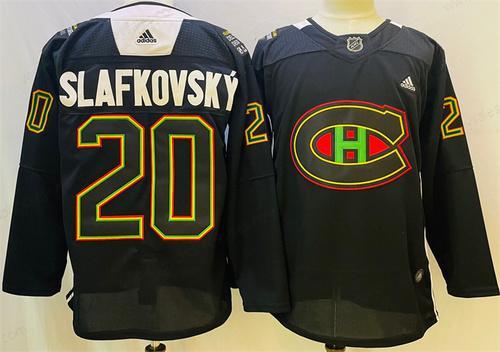 Men’s Montreal Canadiens #20 Juraj Slafkovsky 2022 Black Warm Up History Night Stitched Jersey