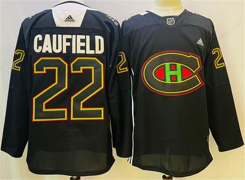 Men’s Montreal Canadiens #22 Cole Caufield 2022 Black Warm Up History Night Stitched Jersey