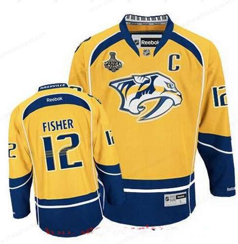 Men’s Nashville Predators #12 Mike Fisher Yellow 2017 Stanley Cup Finals C Patch Stitched NHL Reebok Hockey Jersey