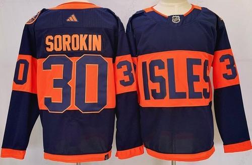 Men’s New York Islanders #30 Ilya Sorokin Navy 2024 With Stadium Series Patch Stitched Jersey