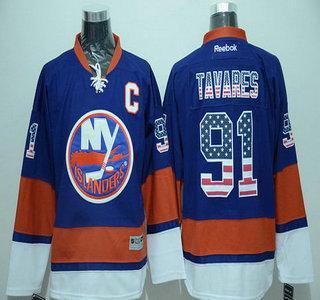 Men’s New York Islanders #91 John Tavares Light Blue Usa Flag Hockey Jersey