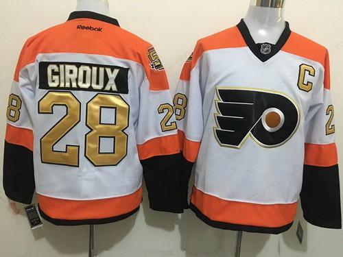 Men’s Philadelphia Flyers #28 Claude Giroux White 50Th Anniversary Gold Stitched NHL Reebok Hockey Jersey