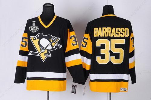 Men’s Pittsburgh Penguins #35 Tom Barrasso Retired Black Throwback CCM 2017 Stanley Cup NHL Finals C Patch Jersey