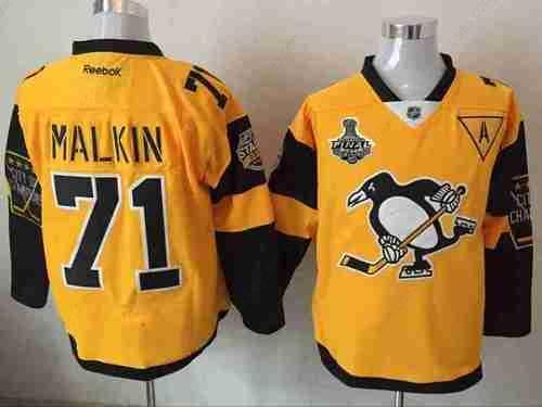 Men’s Pittsburgh Penguins #71 Evgeni Malkin Yellow Stadium Series 2017 Stanley Cup Finals Patch Stitched NHL Reebok Hockey Jersey