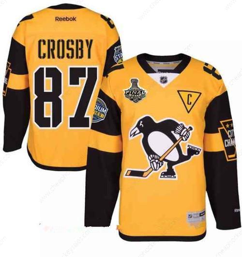 Men’s Pittsburgh Penguins #87 Sidney Crosby Yellow Stadium Series 2017 Stanley Cup Finals Patch Stitched NHL Reebok Hockey Jersey