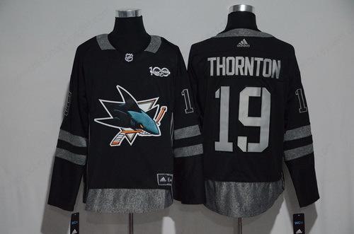 Men’s San Jose Sharks #19 Joe Thornton Black 100Th Anniversary Stitched NHL 2017 Adidas Hockey Jersey