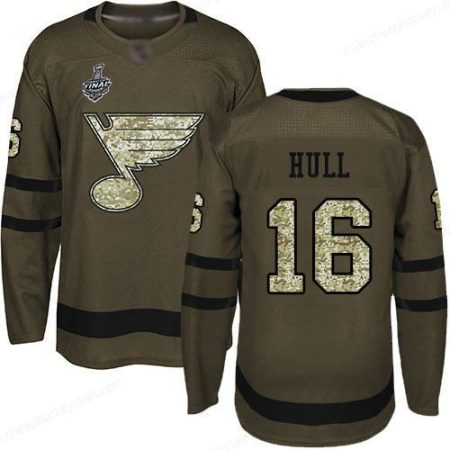 Men’s St. Louis Blues #16 Brett Hull Green Salute To Service 2019 Stanley Cup Final Bound Stitched Hockey Jersey