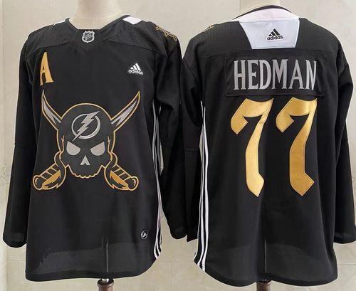 Men’s Tampa Bay Lightning #77 Victor Hedman Black Pirate Themed Warmup Authentic Jersey