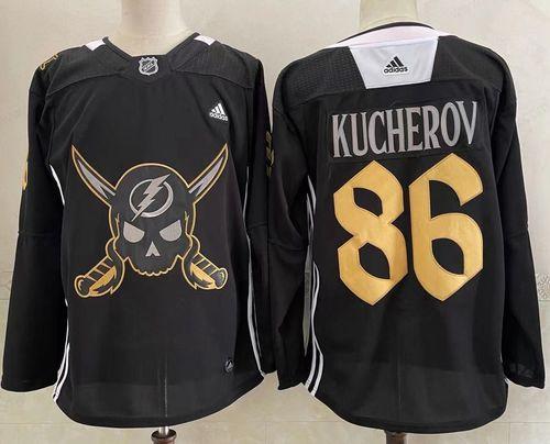 Men’s Tampa Bay Lightning #86 Nikita Kucherov Black Pirate Themed Warmup Authentic Jersey