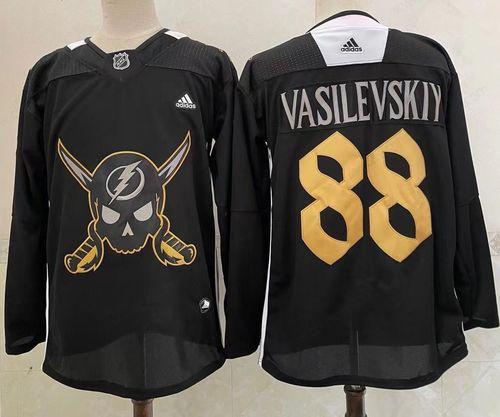 Men’s Tampa Bay Lightning #88 Andrei Vasilevskiy Black Pirate Themed Warmup Authentic Jersey