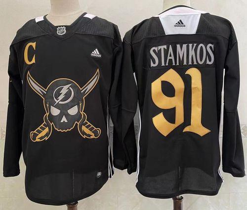 Men’s Tampa Bay Lightning #91 Steven Stamkos Black Pirate Themed Warmup Authentic Jersey