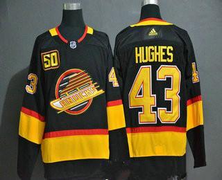 Men’s Vancouver Canucks #43 Quinn Hughes Black 50Th Season Adidas Stitched NHL Jersey