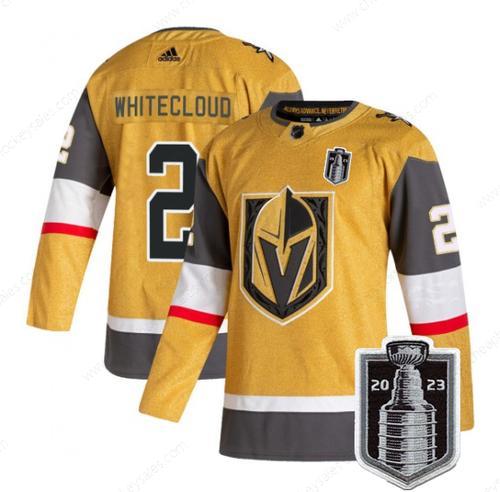 Men’s Vegas Golden Knights #2 Zach Whitecloud Gold 2023 Stanley Cup Final Stitched Jersey