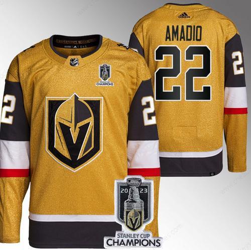 Men’s Vegas Golden Knights #22 Michael Amadio Gold 2023 Stanley Cup Champions Stitched Jersey