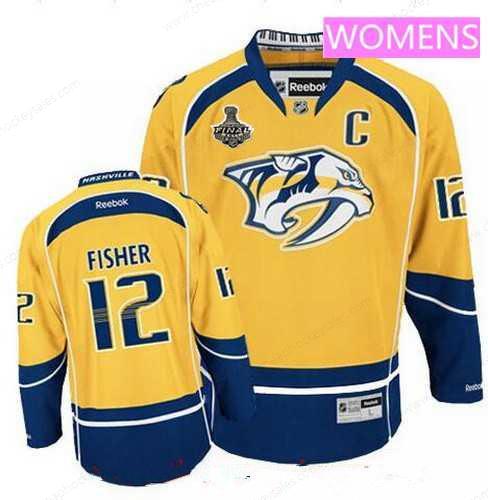 Women’s Nashville Predators #12 Mike Fisher Yellow 2017 Stanley Cup Finals C Patch Stitched NHL Reebok Hockey Jersey