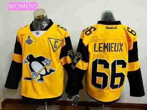 Women’s Pittsburgh Penguins #66 Mario Lemieux Yellow Stadium Series 2017 Stanley Cup Finals Patch Stitched NHL Reebok Hockey Jersey