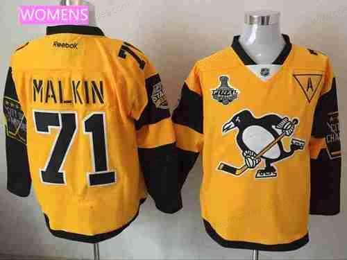 Women’s Pittsburgh Penguins #71 Evgeni Malkin Yellow Stadium Series 2017 Stanley Cup Finals Patch Stitched NHL Reebok Hockey Jersey