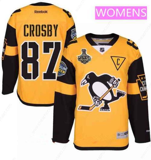 Women’s Pittsburgh Penguins #87 Sidney Crosby Yellow Stadium Series 2017 Stanley Cup Finals Patch Stitched NHL Reebok Hockey Jersey